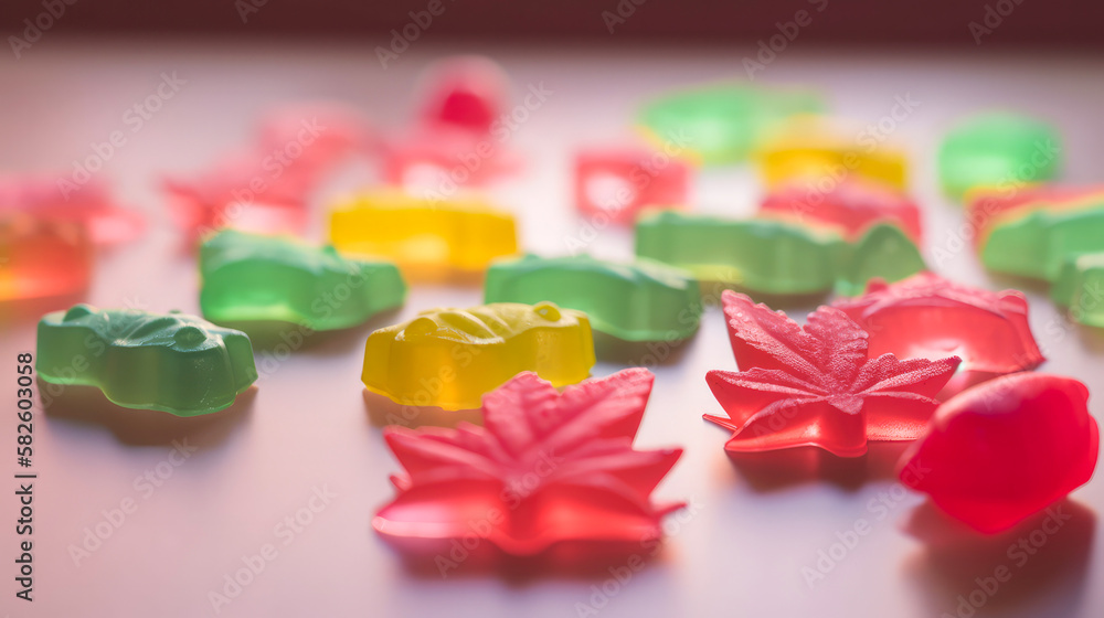 Jelly Gummy Bear with marijuana leaf, THC CBD herbs food snack and medical. Generative AI Technology Jelly Gummy Bear with marijuana leaf, THC CBD herbs food snack and medical. Generative AI Technology