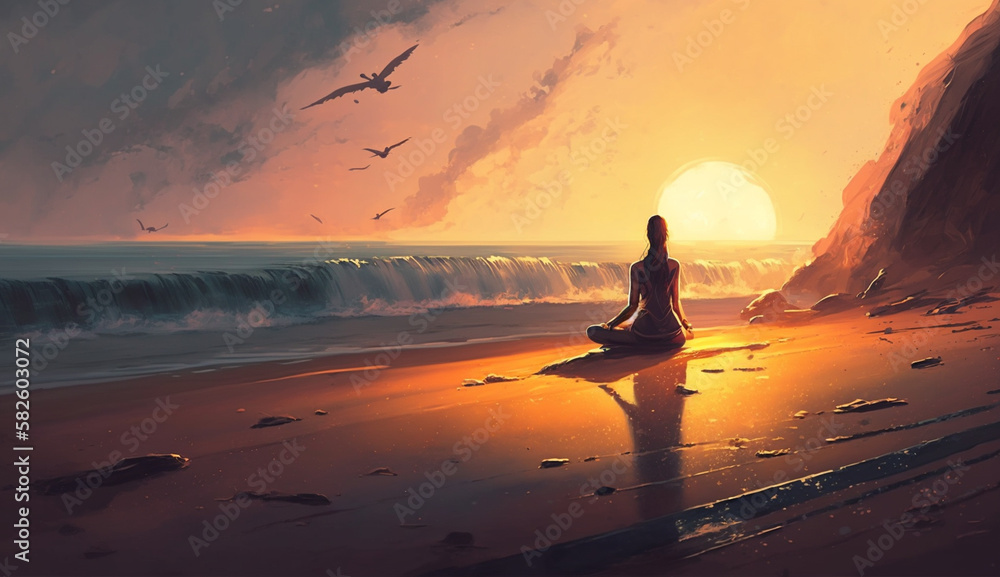 Sunset silhouette, one person meditating in lotus ,generative AI