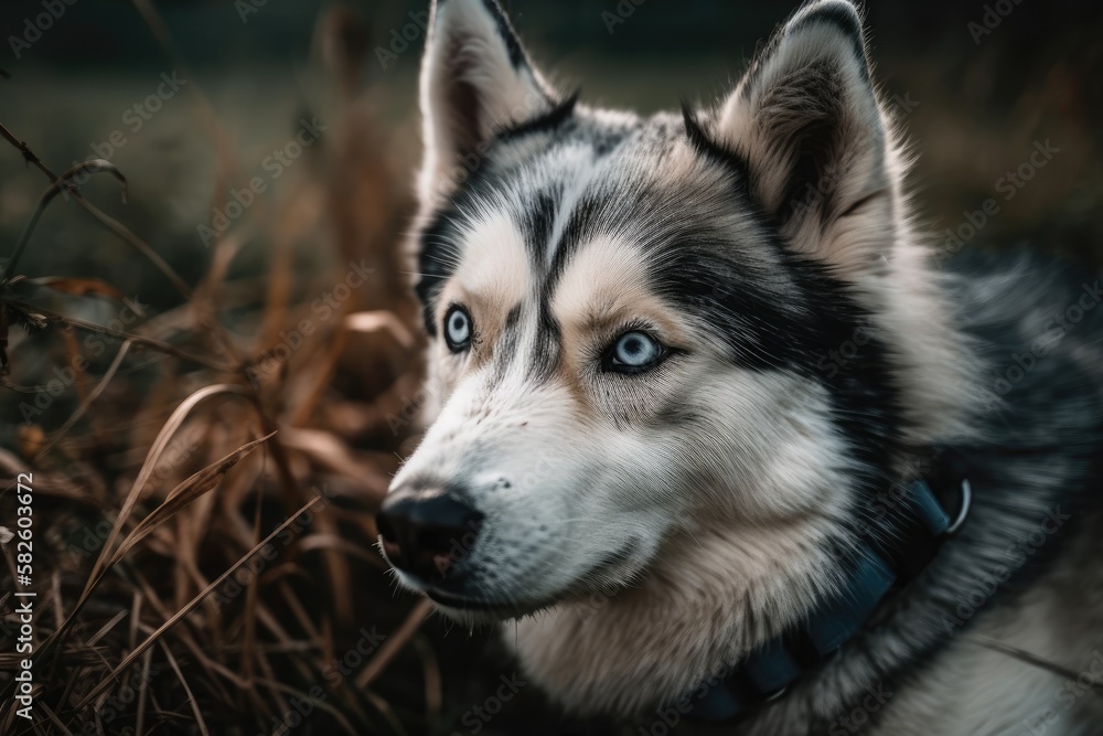 Husk dog. Husky. On a background of grass is a dog. The dog is seen up close. Generative AI