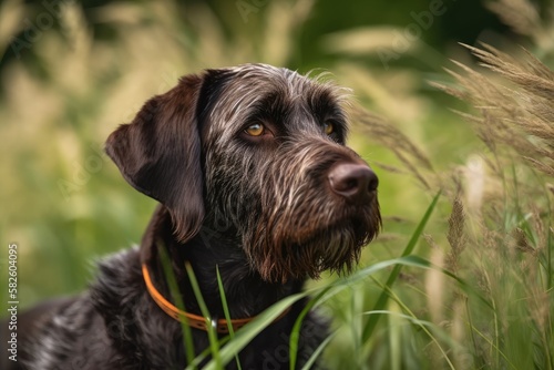 German hunting watchdog drahthaar, lovely summertime dog portrait. Generative AI photo