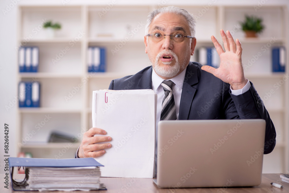 Old male employee working in the office Old male employee working in the office