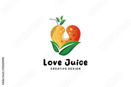 Love fruit juice logo, vector illustration of fresh fruit juice drink logo with love concept