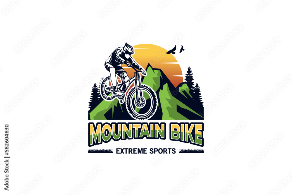Mountain bike logo, freestyle mountain bike adventure sport logo design template
