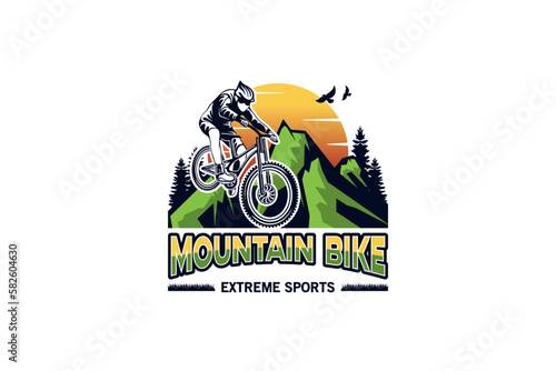 Mountain bike logo, freestyle mountain bike adventure sport logo design template