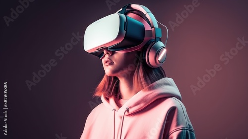 Teenage girl with VR headset exploring the metaverse. Generative AI 