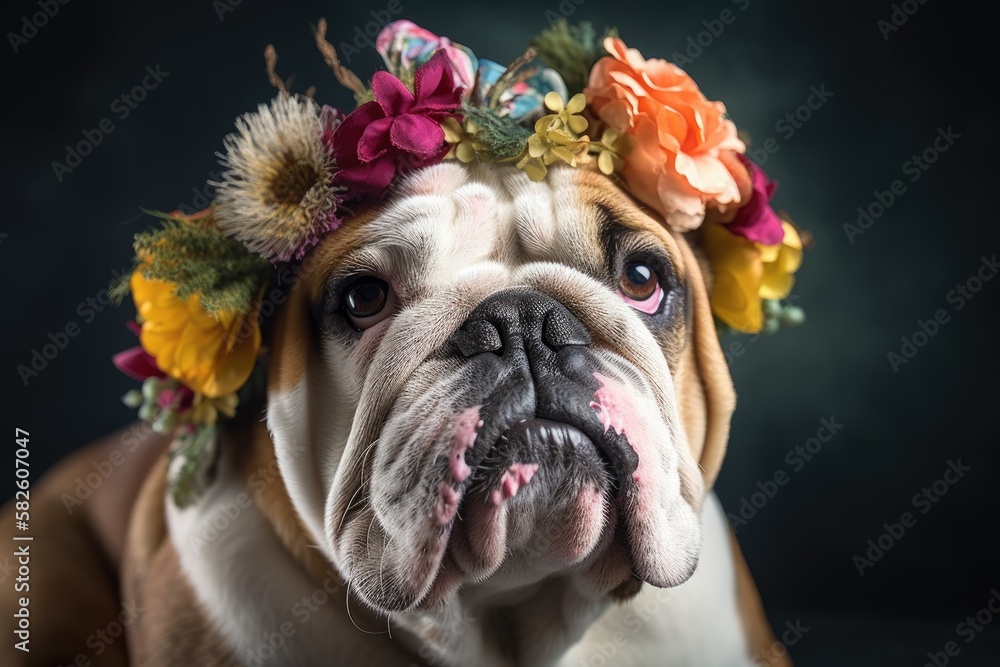 Continental bulldog sporting a headpiece made of fake flowers. Generative AI