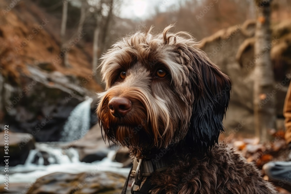 Hiking with a Labradoodle near a waterfall. Generative AI Hiking with a Labradoodle near a waterfall. Generative AI