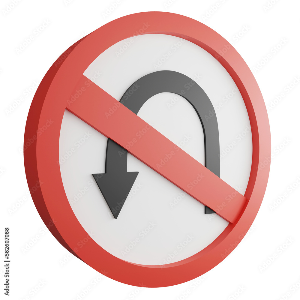 3D render no U turn (left) sign icon isolated on transparent background, red mandatory sign 3D render no U turn (left) sign icon isolated on transparent background, red mandatory sign