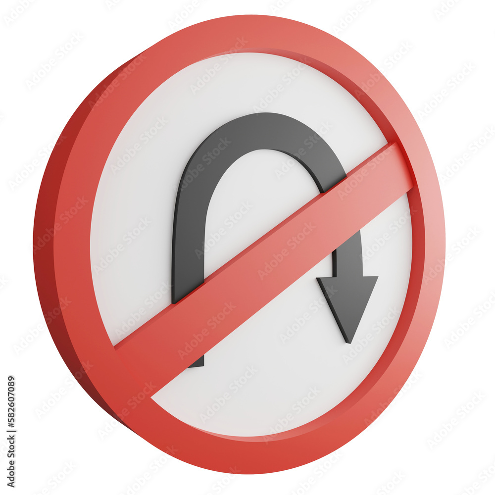 3D render no U turn (right) sign icon isolated on transparent background, red mandatory sign 3D render no U turn (right) sign icon isolated on transparent background, red mandatory sign