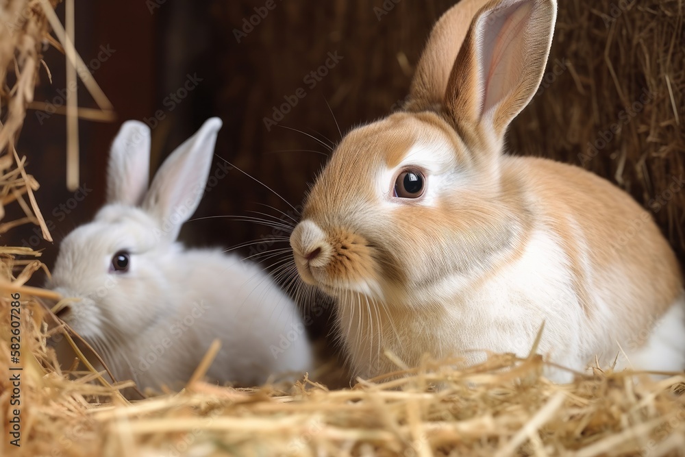 Close up photo of a rabbit grumble and a little darling looking around his hay nest. Generative AI Close up photo of a rabbit grumble and a little darling looking around his hay nest. Generative AI
