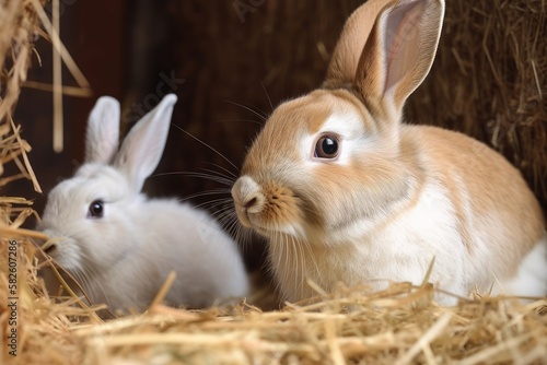 Close up photo of a rabbit grumble and a little darling looking around his hay nest. Generative AI