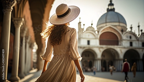 carefree traveller woman casual cloth walking look at the wonderful stunning Arcade leading to St Mark's Square, with St Mark's cathedral in the background. image ai generate © VERTEX SPACE