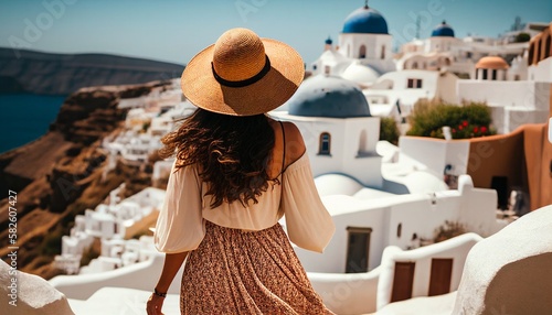 Full Length Rear View Of Tourist On Building Terrace By Sea At Santorini, image ai generate