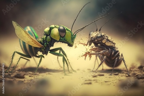 ant fight grasshopper created using AI Generative Technology