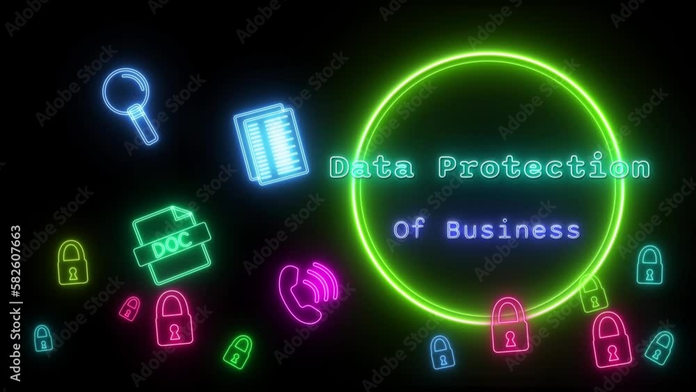 data protection of business Neon green-bkue Fluorescent Text Animation green frame on black background data protection of business Neon green-bkue Fluorescent Text Animation green frame on black background