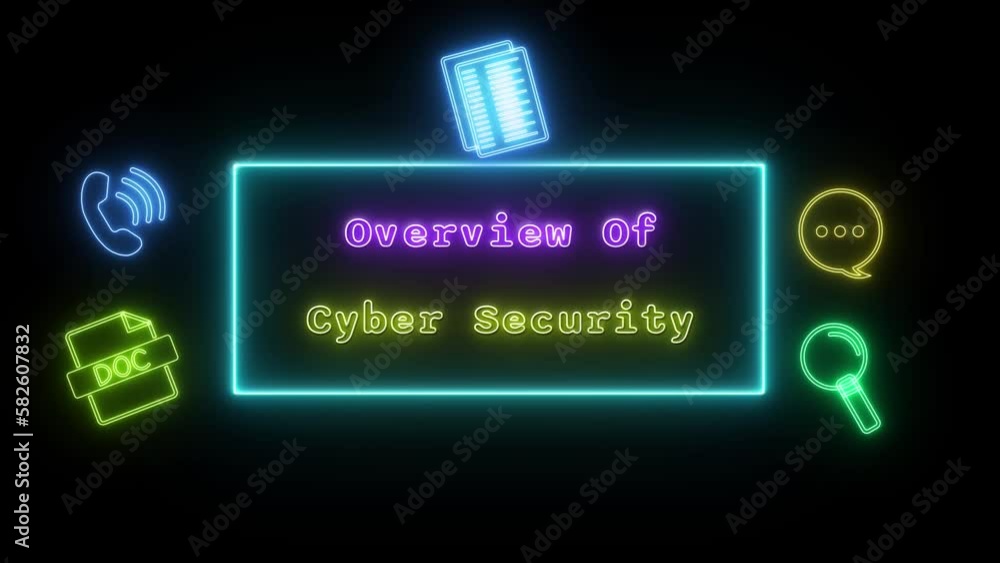 overview of cyber security Neonpink-yellow Fluorescent Text Animation blue frame on black background overview of cyber security Neonpink-yellow Fluorescent Text Animation blue frame on black background