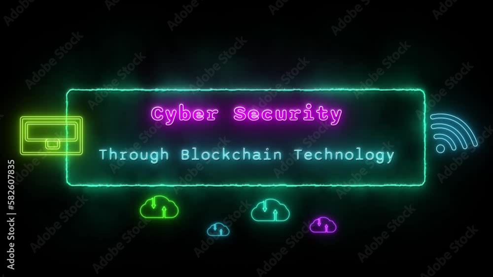 cyber security through blockchain technology Neon blue-pink Fluorescent Text Animation green frame on black background cyber security through blockchain technology Neon blue-pink Fluorescent Text Animation green frame on black background