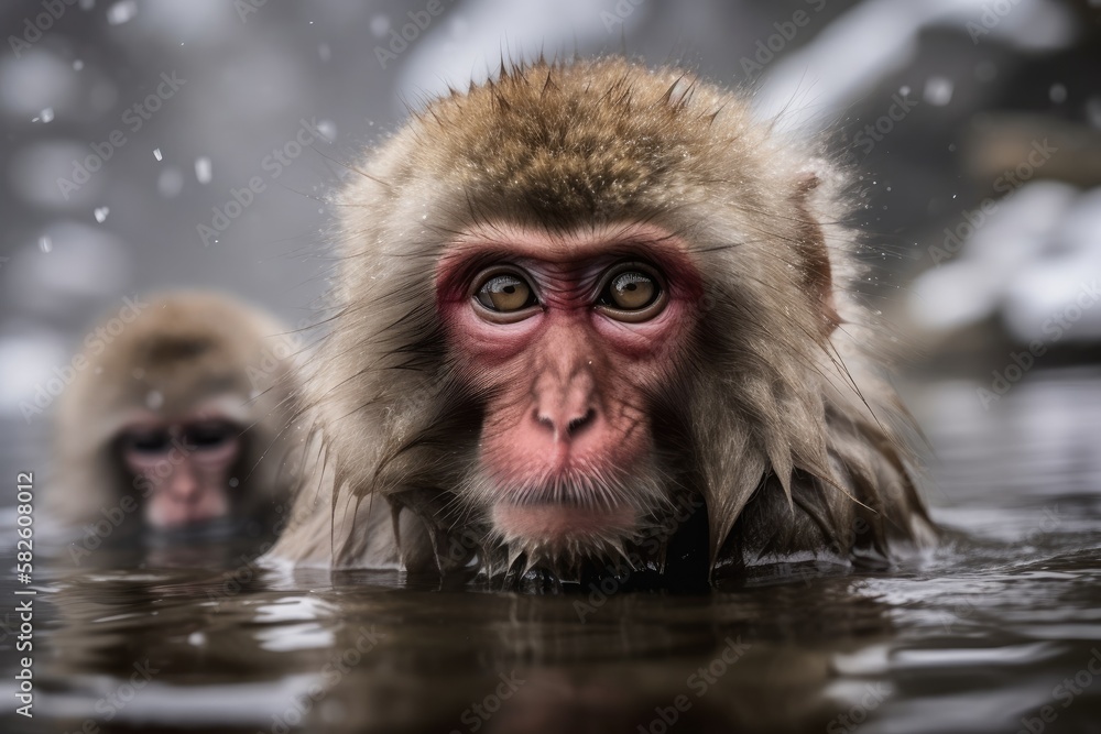 Obraz premium A mother Japanese macaque snow monkey holds her young close to a warm spring. Generative AI