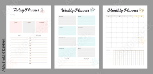 3 set of Daily weekly monthly planner. Minimalist planner template set. Vector illustration.