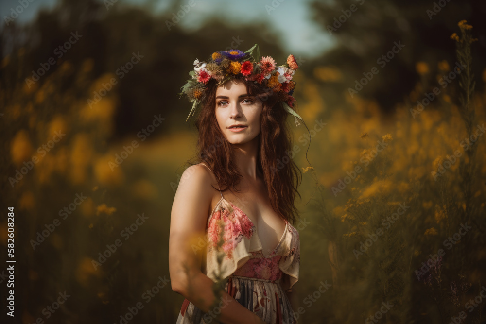 Φωτογραφία Bohemian goddess portrait of a woman with a floral crown and a flowy dress stand