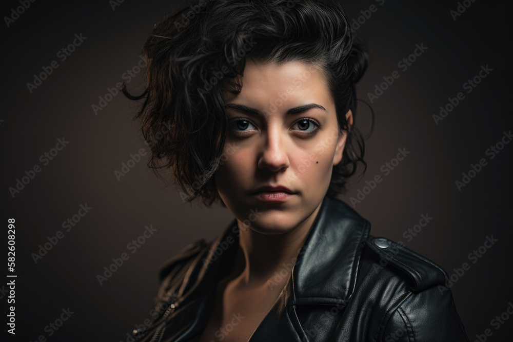 Bold portrait of a woman in a leather jacket and dark makeup, showing edginess and attitude, generative ai