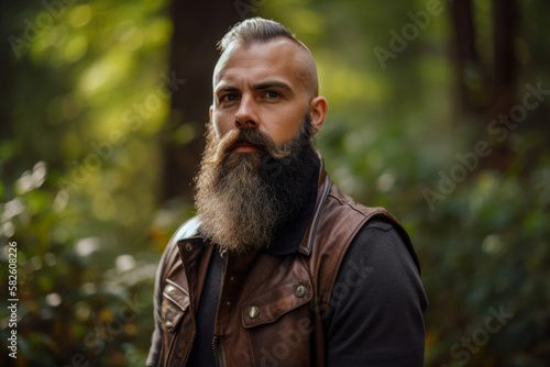 Bearded man in a leather vest standing in a forest with a serene expression and natural lighting, generative ai
