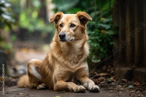 a picture of a stray Thai breed dog sitting alone. Generative AI © AkuAku
