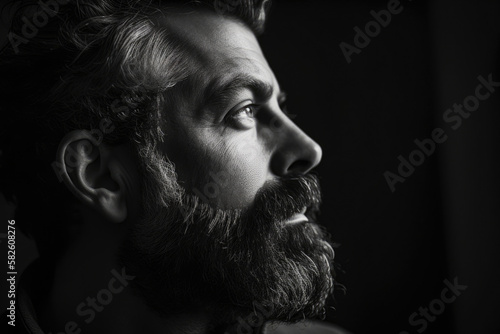 Black and white portrait of a bearded man with a contemplative gaze, generative ai