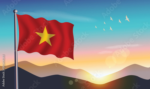 Vietnam flag with mountains and morning sun in background