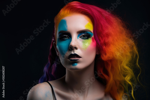 Bold and expressive portrait of a woman with colorful hair and striking makeup, generative ai