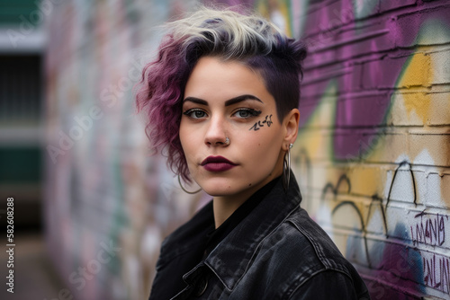 Bold and edgy portrait of a woman with septum piercing and choker necklace, standing against a graffiti-covered wall, generative ai