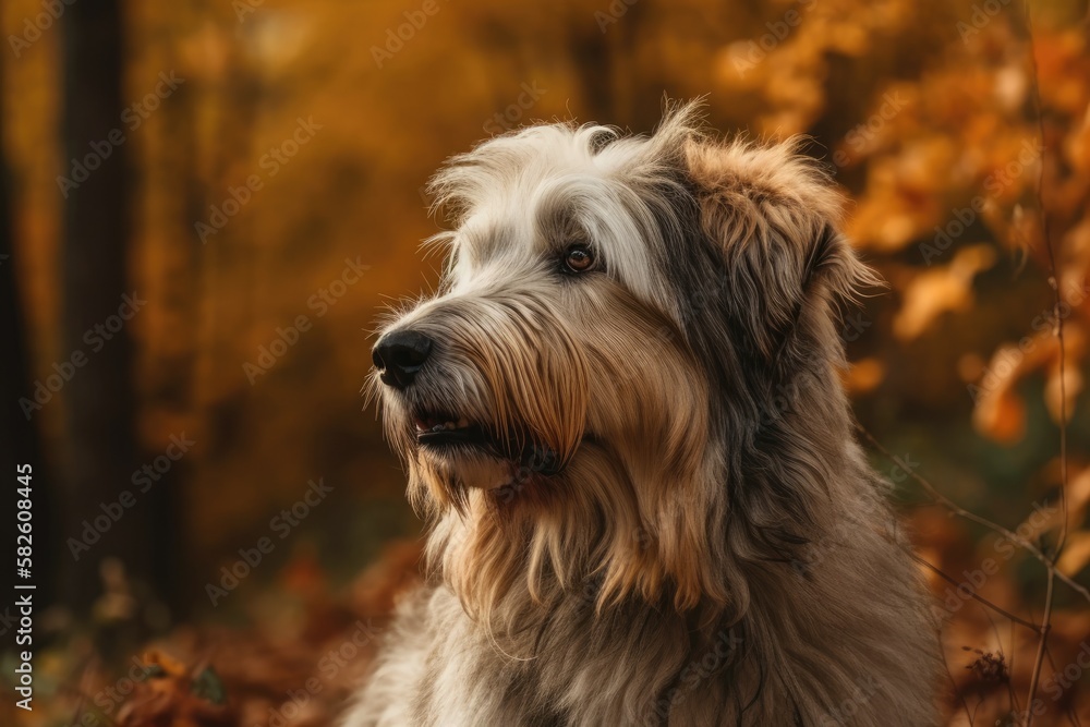 French sheepdog in profile against a backdrop of autumnal nature. Generative AI