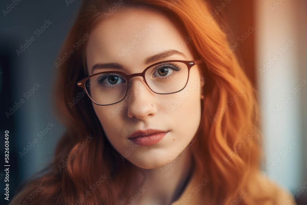 Close-up of a redhead woman wearing glasses and looking at a computer screen with a serious and concentrated expression, generative ai Close-up of a redhead woman wearing glasses and looking at a computer screen with a serious and concentrated expression, generative ai