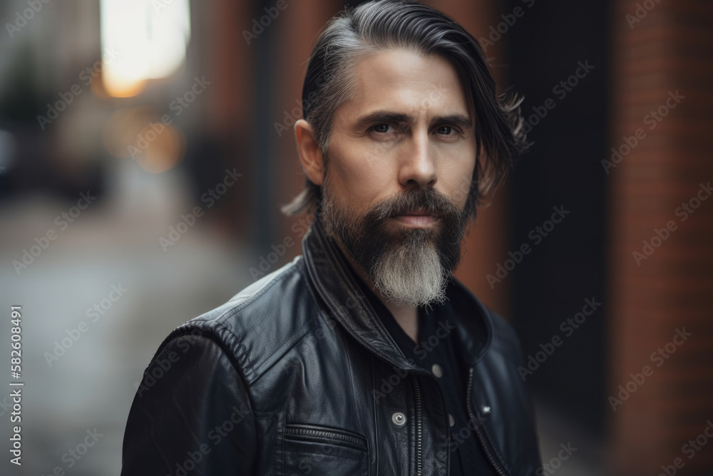 Close-up portrait of a bearded man in a leather vest with a serious expression and urban street background, generative ai Close-up portrait of a bearded man in a leather vest with a serious expression and urban street background, generative ai
