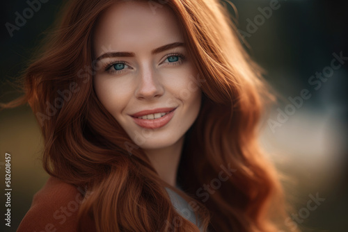 Classic Beauty timeless portrait of a woman with long, wavy chestnut hair, natural makeup, and a soft, warm smile, generative ai