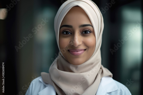 Close-up of a female doctor wearing a hijab and lab coat, looking at the camera with a warm, compassionate smile, symbolizing empathy and cultural diversity, generative ai