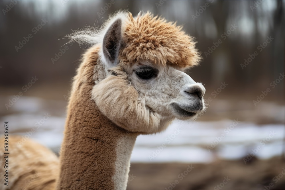 An up close image of a female alpaca gazing into the distance on a rural farm in the Midwest of the United States. Generative AI