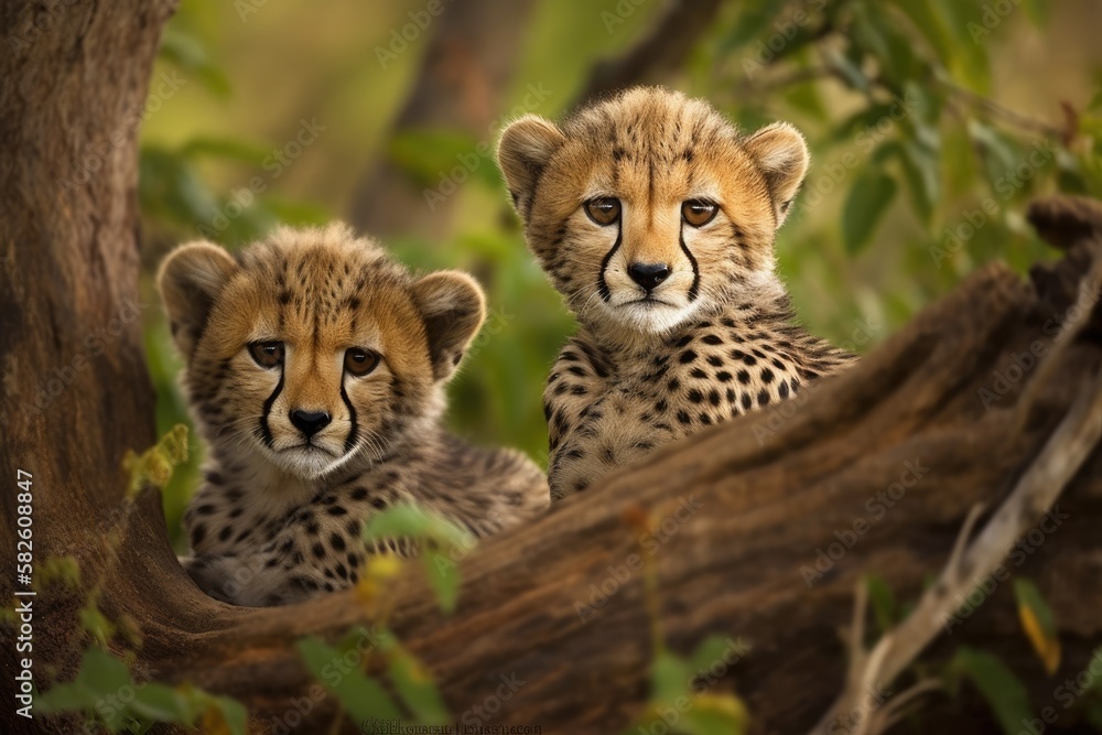 Two cheetah babies playing in a tree in Kenya's Masai Mara. Mother's name is Narasha. Generative AI Two cheetah babies playing in a tree in Kenya's Masai Mara. Mother's name is Narasha. Generative AI