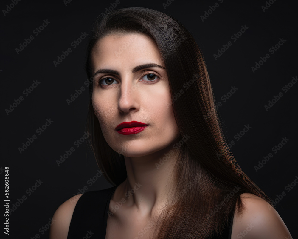 Confident portrait of a woman in her 30s with straight hair, wearing a sleek black dress and bold red lipstick, generative ai Confident portrait of a woman in her 30s with straight hair, wearing a sleek black dress and bold red lipstick, generative ai
