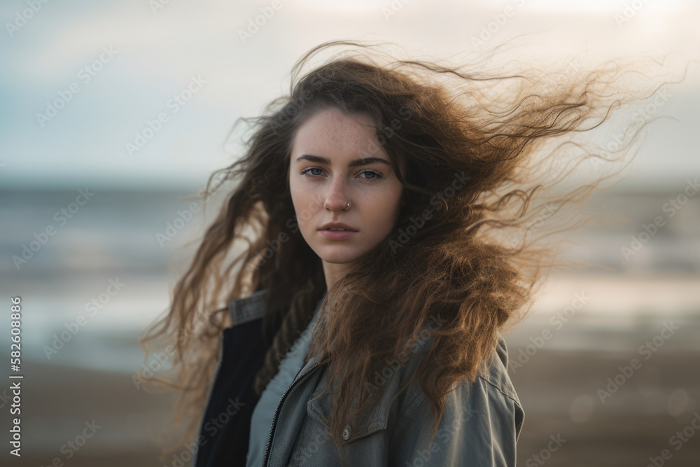 Confident woman on a wild beach, with windblown hair and a strong stance, embracing the power of nature, generative ai Confident woman on a wild beach, with windblown hair and a strong stance, embracing the power of nature, generative ai
