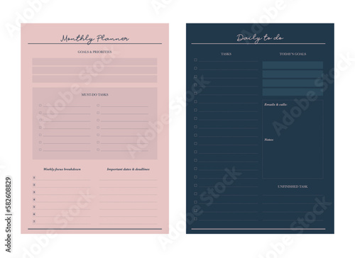 (Fashion) Daily to do and monthly planner. Minimalist planner template set. Vector illustration. 