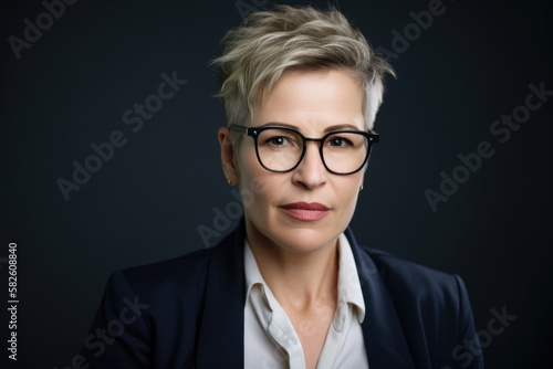 Confident portrait of a middle-aged woman with short hair and glasses, wearing a formal blouse and blazer, with bold red lipstick, generative ai