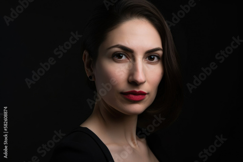 Confident portrait of a woman in her 30s with straight hair  wearing a sleek black dress and bold red lipstick  generative ai