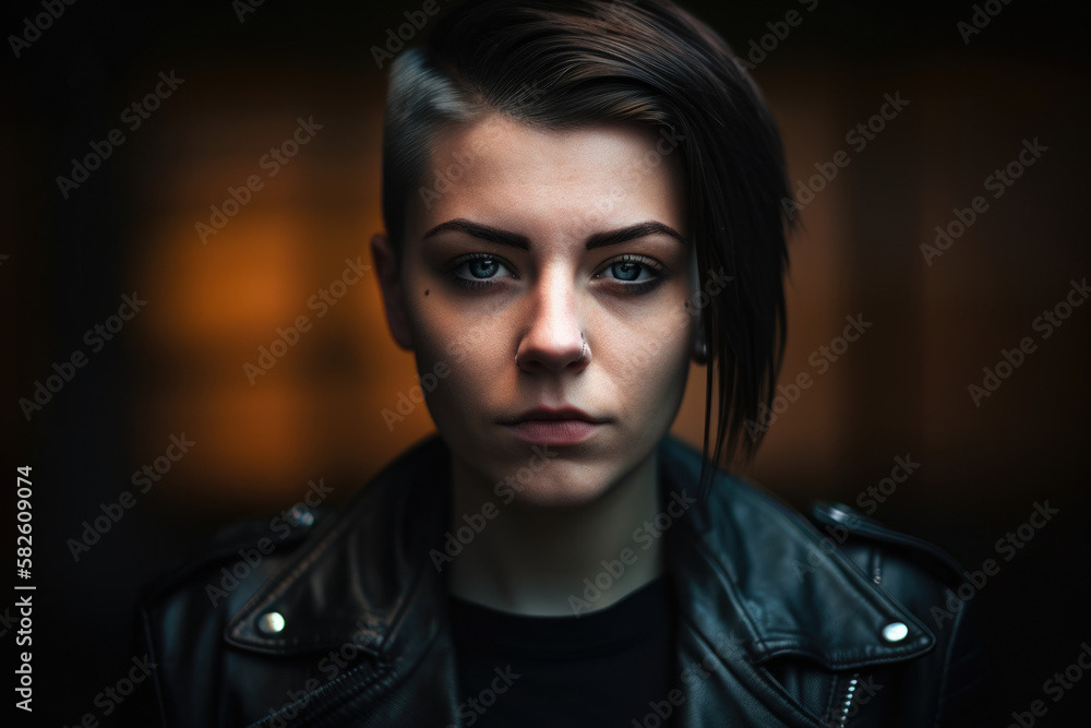 Dark and Mysterious portrait of a woman with a septum piercing, wearing a leather jacket and a black choker necklace, with a mysterious expression, generative ai Dark and Mysterious portrait of a woman with a septum piercing, wearing a leather jacket and a black choker necklace, with a mysterious expression, generative ai