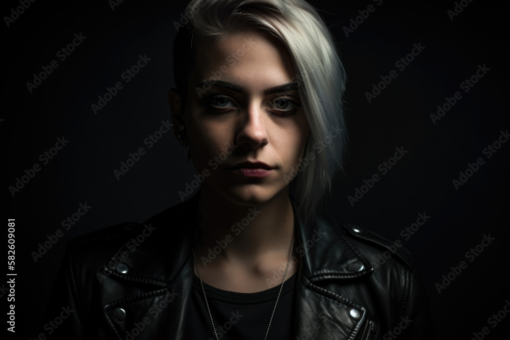 Dark Beauty portrait of a woman with a septum piercing and a leather jacket, with dramatic makeup and a somber expression, generative ai Dark Beauty portrait of a woman with a septum piercing and a leather jacket, with dramatic makeup and a somber expression, generative ai