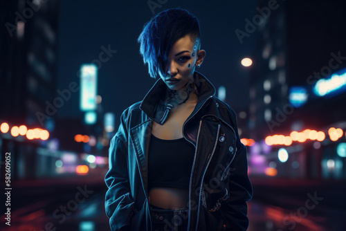 Cyberpunk neon assassin with a serious expression and sleek outfit, set against a gritty and futuristic cityscape, generative ai