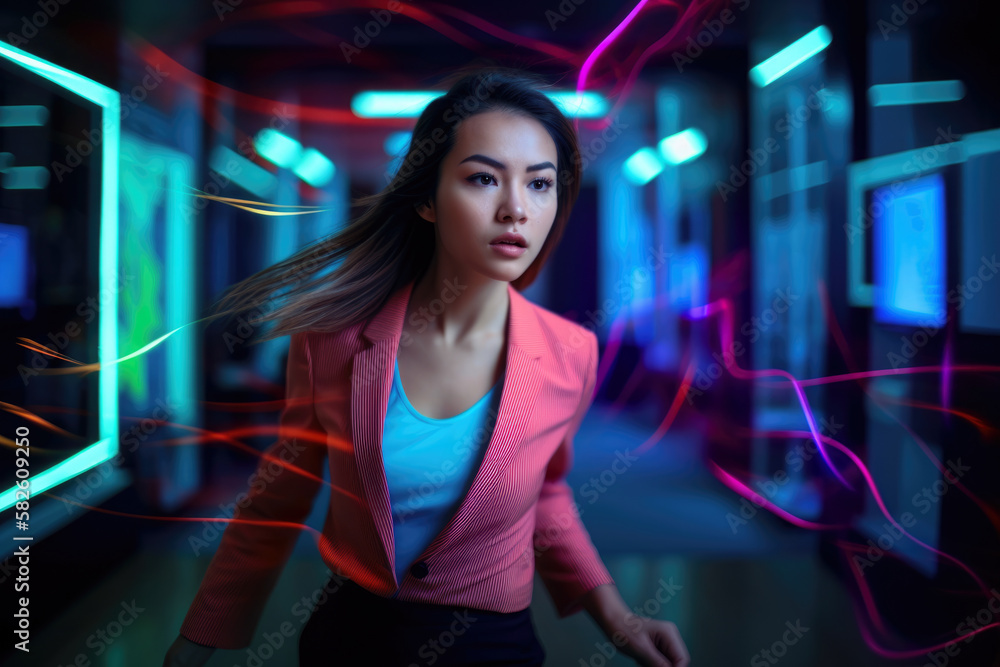 Dynamic neon office worker with expressive movements and energetic energy, set against a modern and colorful office backdrop, generative ai Dynamic neon office worker with expressive movements and energetic energy, set against a modern and colorful office backdrop, generative ai