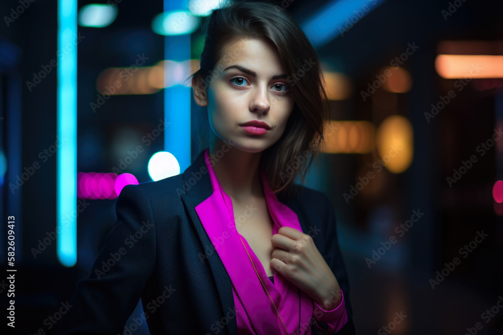 Elegant neon HR executive with a sophisticated outfit and calm expression, set against a modern and colorful office backdrop, generative ai Elegant neon HR executive with a sophisticated outfit and calm expression, set against a modern and colorful office backdrop, generative ai