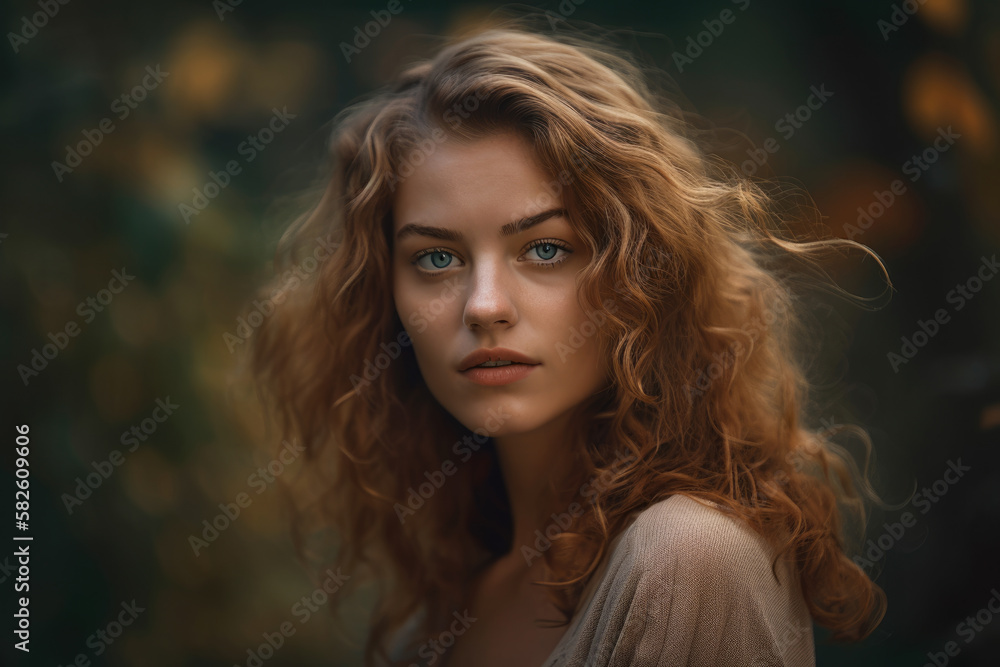 Enchanting portrait of a woman with tousled hair and a dreamy gaze, generative ai Enchanting portrait of a woman with tousled hair and a dreamy gaze, generative ai