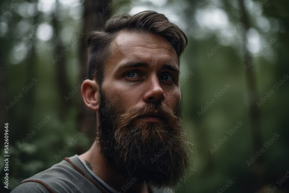 Environmental portrait of a bearded man with piercing eyes in his natural habitat, generative ai Environmental portrait of a bearded man with piercing eyes in his natural habitat, generative ai